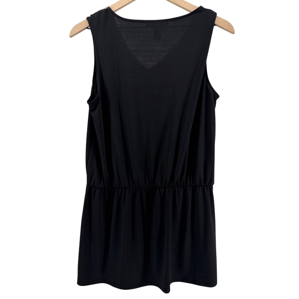 White House Black Market Boho Black Beaded V-Neck Ruffle Drop Waist Top Medium - Picture 6 of 8